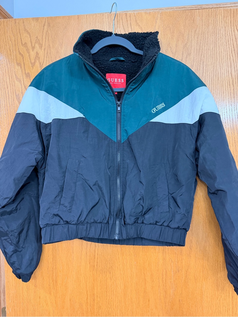 GUESS Colorblock Puffer Jacket in Teal, Black and Light Gray